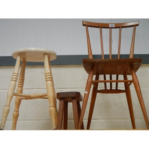 157 - An Ercol kitchen chair, a stool and an early 20th century stool.