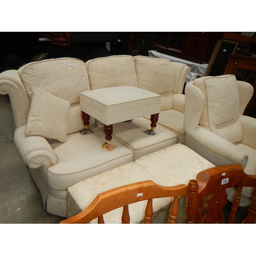 245 - A good clean oyster 3 seat sofa, chair, ottoman and stool.