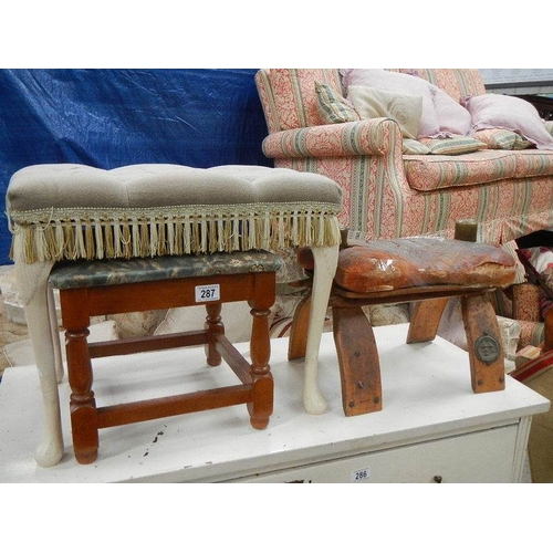 287 - 3 old stools including camel stool.