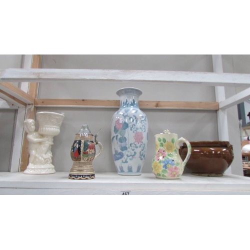 457 - 2 shelves of pottery items including Studio Pottery, vases etc