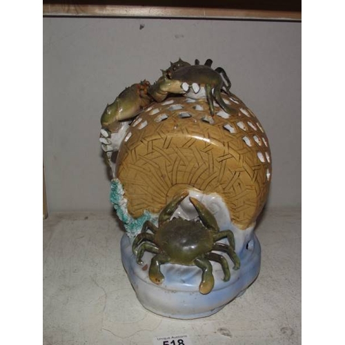 518 - A majolica style crab pot, a/f.