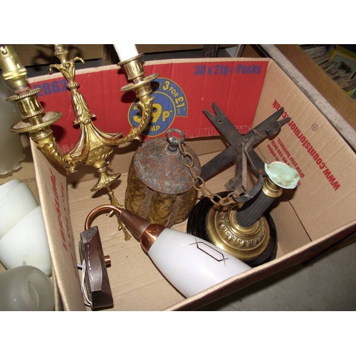 663 - An ormalu brass wall light oil lamp base, porch lantern and quantity of lamp shades