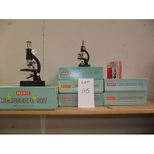 115 - 6 Merit microscope sets, all microscopes present but may have some components missing, and a box of ... 