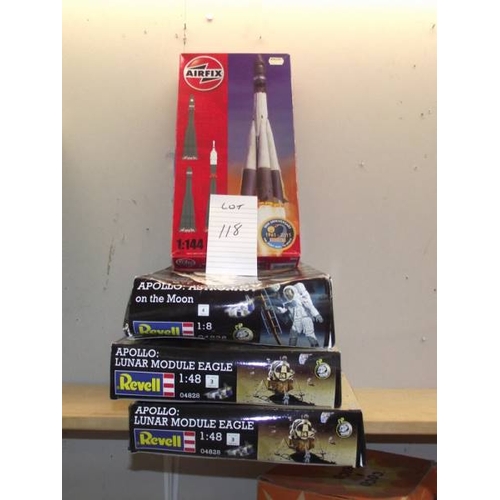 118 - 3 Revell kits; Apollo; Lunar Module eagle 1:48 x 2, Apollo astronaut 1:8 scale and an Airfix Vostok ... 