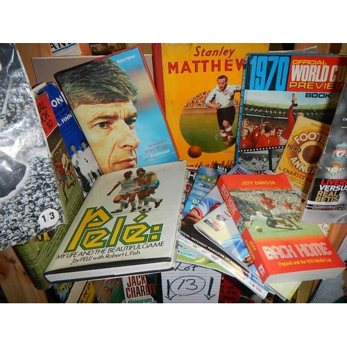 13 - Five shelves of football magazines, hardback and paperback books etc.,