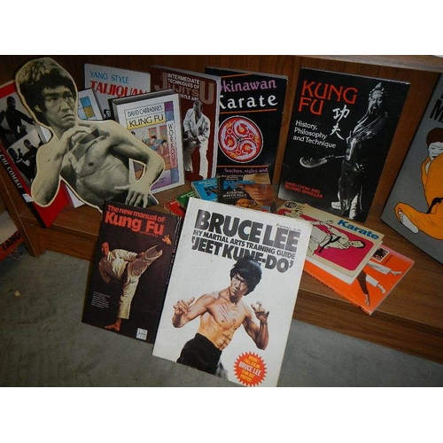 14 - Nine shelves of Bruce Lee related items, Kung Fu books. posters, videos etc.,