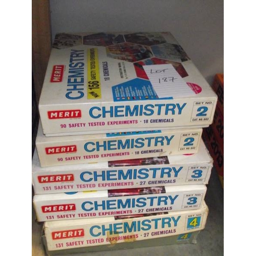 187 - 6 Merit chemistry sets, some components may be missing, being sold as seen. Collect only