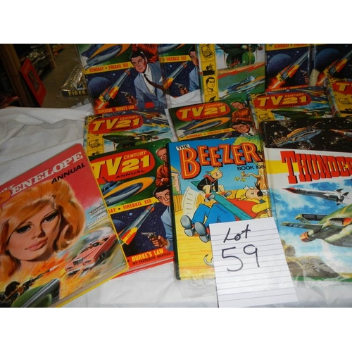 59 - A quantity of annuals including TV 21, Beezer, Thunderbirds etc.,