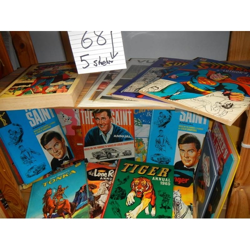 68 - Five shelves of interesting annuals including Superman, The Saint, Fireball XL5, Dakatari, space rel... 