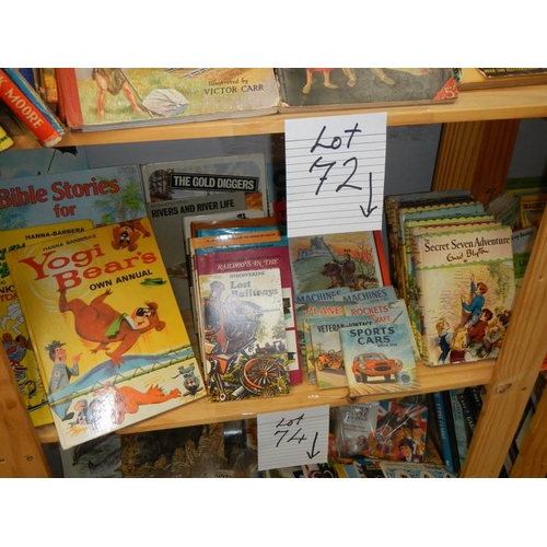 72 - A shelf of books and annuals including Secret Seven, Yogi Bear, Railway and car books.