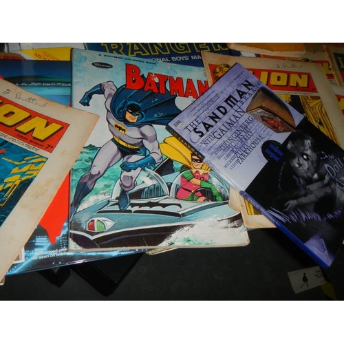 35 - A long shelf of assorted comics including Joe 90, Return of the Jedi, Lion, Batman etc.,