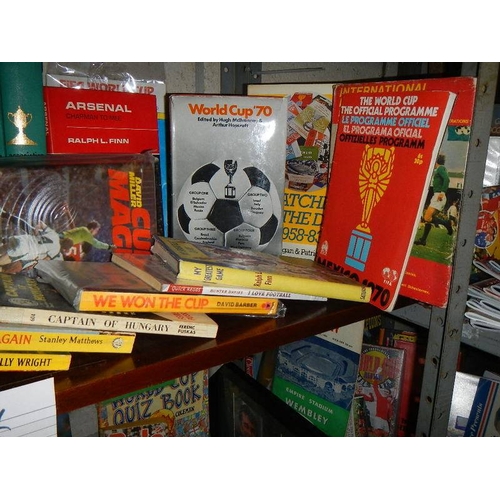 11 - 4 shelves of football related memorabilia including programmes, hard back books, paperback books, ma... 