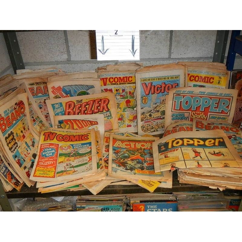 2 - One shelf of old comics including Topper, Victor, Beano, TV Comic, Beezer etc., all in fair conditio... 