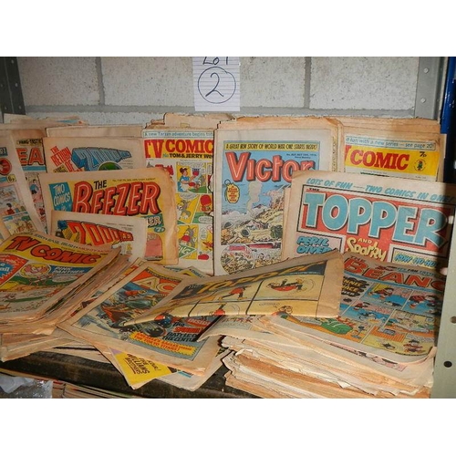 2 - One shelf of old comics including Topper, Victor, Beano, TV Comic, Beezer etc., all in fair conditio... 