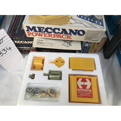 334 - Meccano electric motors including power pack and various Meccano in 2 other boxes