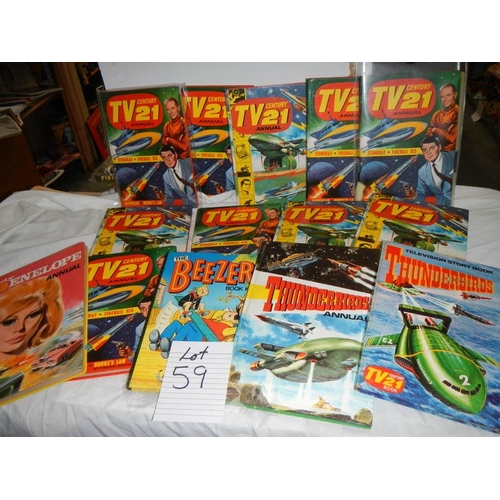 59 - A quantity of annuals including TV 21, Beezer, Thunderbirds etc.,
