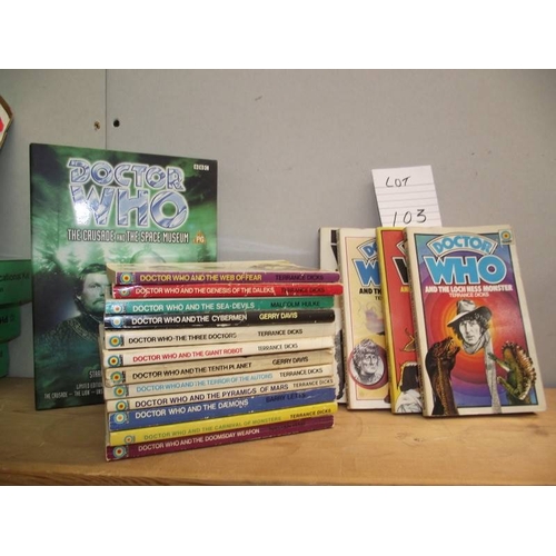 103 - 16  Dr. Who paperback books and a boxed video/cd featturing William Hartnell (keyring and postcards ... 