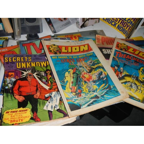 35 - A long shelf of assorted comics including Joe 90, Return of the Jedi, Lion, Batman etc.,