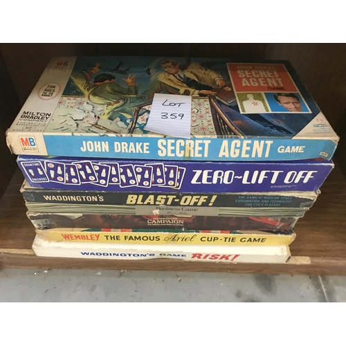 359 - Selection of vintage board games including Airfix Zero lift off, John Drake secret agent etc.