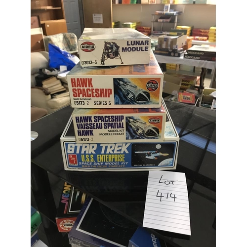 414 - 2 Airfix space 1999 Hawk spaceship & Lunar module & Amt USS enterprise model kits, may be missing so... 