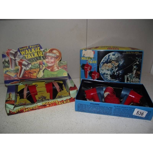 536 - 2 boxed Merit space patrol walkie talkies.