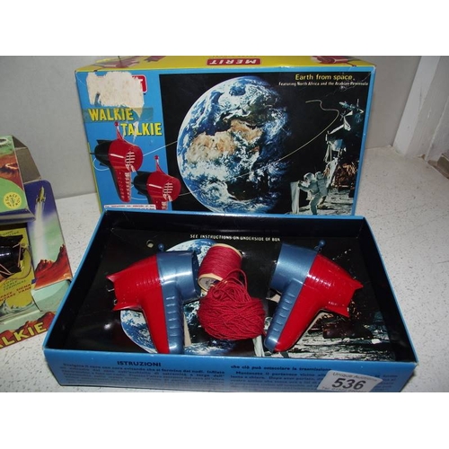 536 - 2 boxed Merit space patrol walkie talkies.