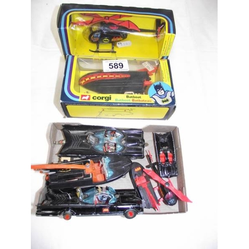 589 - Corgi 107 & 925 Batman Bat boat and Bat copter, unboxed batmobile etc.,