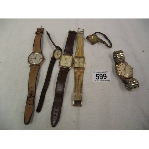 599 - 6 old wrist watches including Accurist, Lorus etc.,