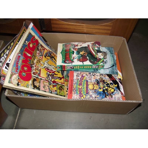 607 - 2 boxes of various comics and price guide books.