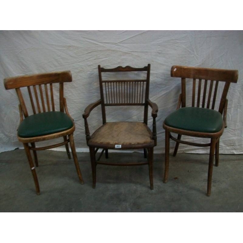 505 - 2 Bentwood chairs and an Edwardian inlaid spindle back chair.