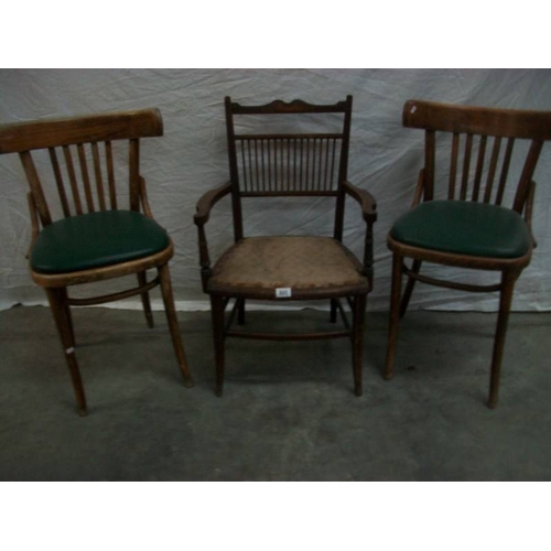 505 - 2 Bentwood chairs and an Edwardian inlaid spindle back chair.