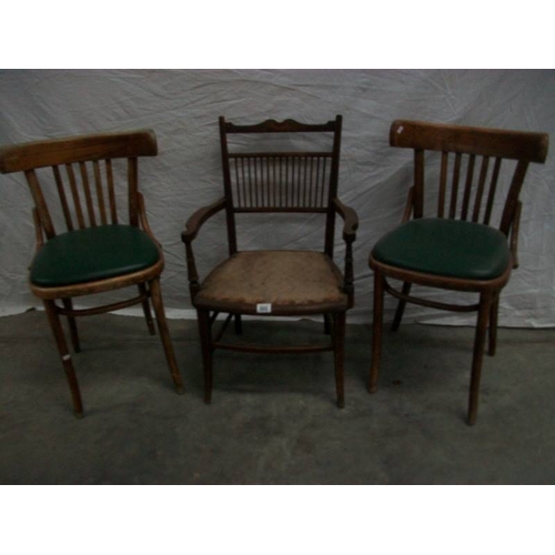 505 - 2 Bentwood chairs and an Edwardian inlaid spindle back chair.