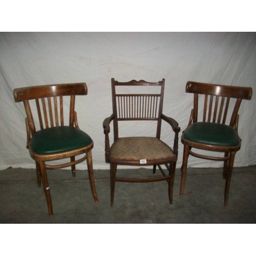 505 - 2 Bentwood chairs and an Edwardian inlaid spindle back chair.