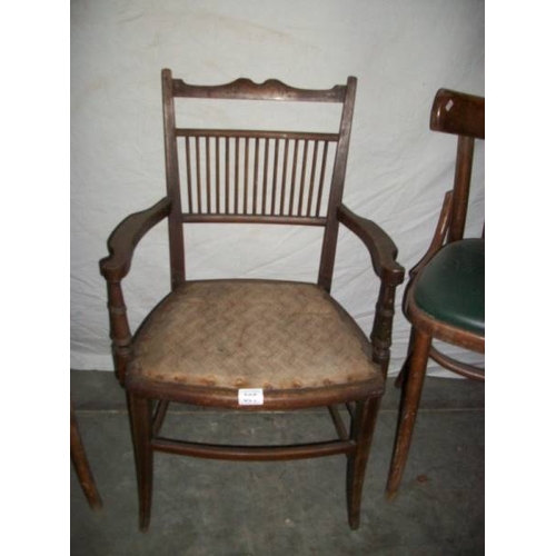 505 - 2 Bentwood chairs and an Edwardian inlaid spindle back chair.