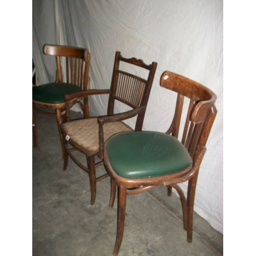 505 - 2 Bentwood chairs and an Edwardian inlaid spindle back chair.