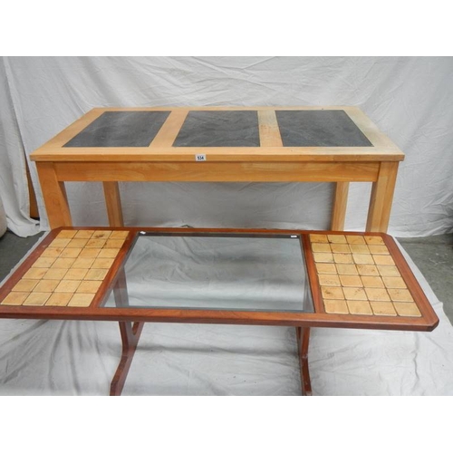 534 - A 3 piece marble top pine table (L 140 x W 74 x H 80 cm) and a glass top coffee table (138 x 57 cm).