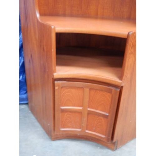 544 - A pair of teak corner cupboard/shelf units, the small having lighting,  1 x H 200 cm, W 100 cm, D 50... 