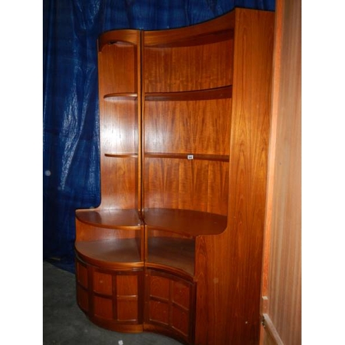 544 - A pair of teak corner cupboard/shelf units, the small having lighting,  1 x H 200 cm, W 100 cm, D 50... 