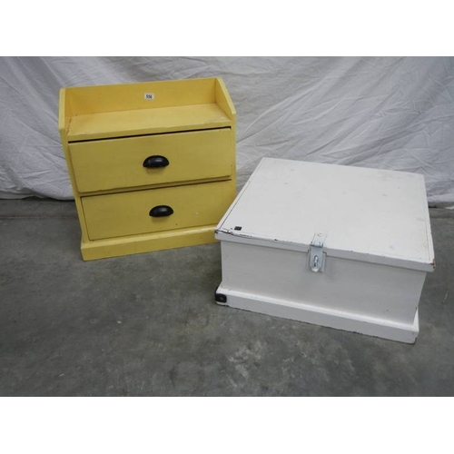 556 - A 2 drawer pine shelf unit in yellow and a pine chest in white.