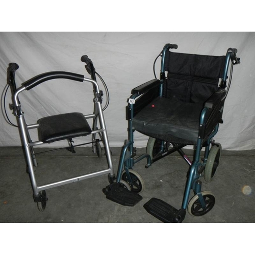 583 - A ''Dav's'' folding wheelchair with foot rests and a walking aid.