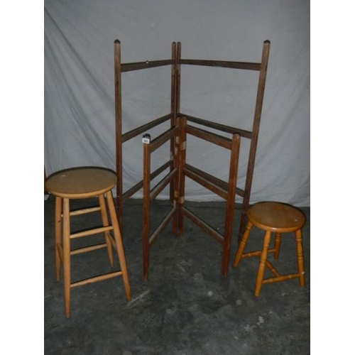 585 - 2 old pine linen airers and 2 pine stools.