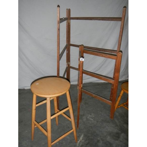 585 - 2 old pine linen airers and 2 pine stools.