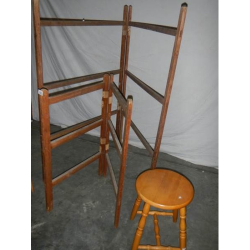 585 - 2 old pine linen airers and 2 pine stools.