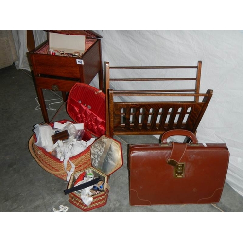 598 - A sewing box on legs, an oak magazine rack, an old leather briefcase and 2 wicker sewing baskets.