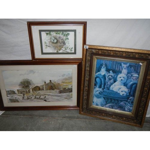 601 - 3 framed and glazed pictures, 75 x 65 / 95 x 60 / 35 x 50 cm.