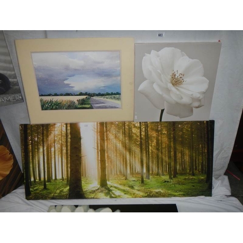 603 - 5 prints and 2 paintings in various sizes the largest being 120 x 50 cm.