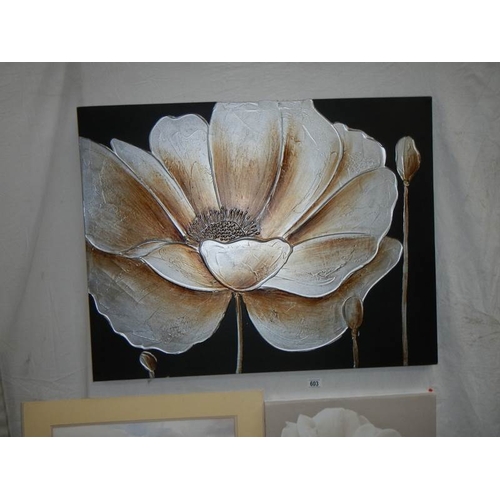 603 - 5 prints and 2 paintings in various sizes the largest being 120 x 50 cm.