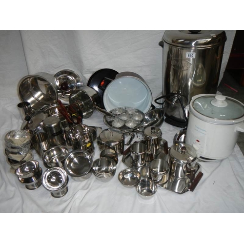 610 - A fantastic array of stainless steel pans, bowls etc including a Swan urn.