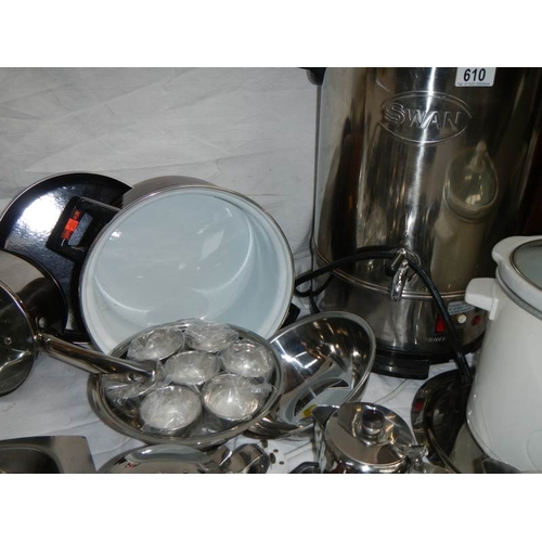 610 - A fantastic array of stainless steel pans, bowls etc including a Swan urn.