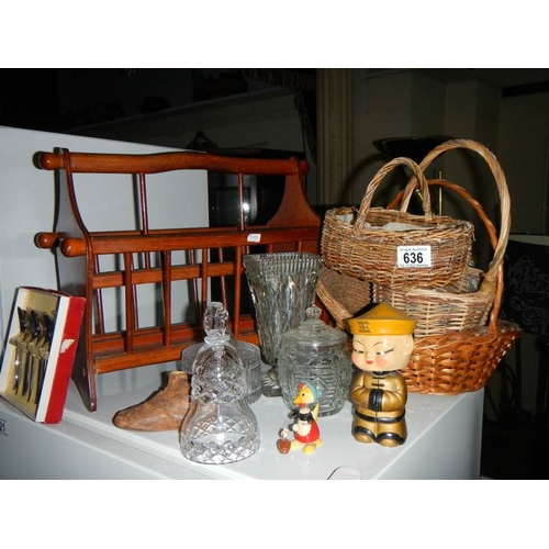 636 - A mixed lot of household goods including some fine crystal, wicker baskets and a nodding duck.